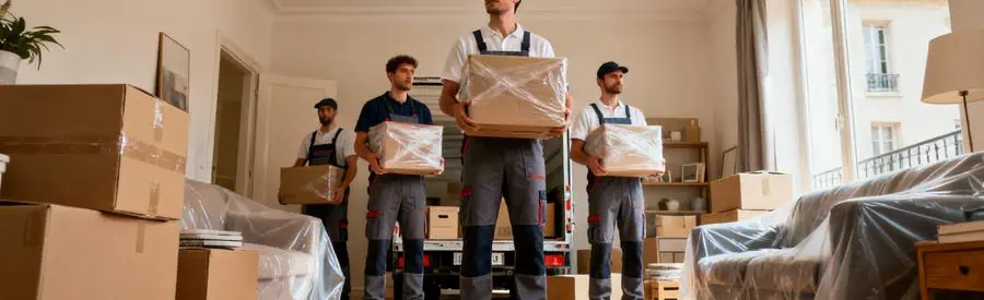 Équipe de déménageurs à Ivry-sur-Seine transportant des cartons dans un deux-pièces.