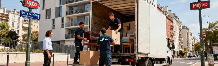 Déménagement dans un quartier dynamique d'Ivry-sur-Seine, avec déménageurs chargent un camion.