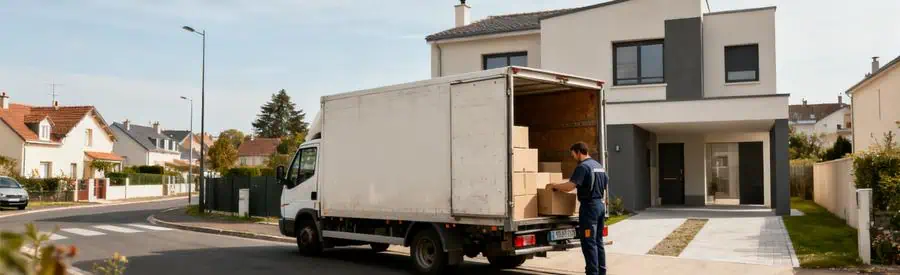 Demenagement Joue Les Tours Accueil Camion Déménageur chargeant des cartons dans un camion dans un quartier résidentiel de Joué-lès-Tours.