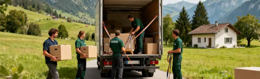 Déménageurs professionnels chargent un camion dans un environnement rural typique du Jura.