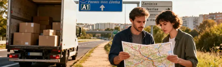 Image illustrant un camion de déménagement aux abords de l'A1 à La Courneuve, avec personnes consultant un itinéraire.