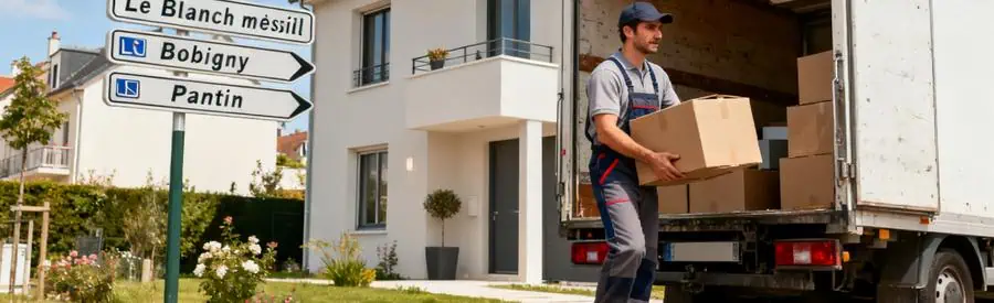 Déménageur chargeant un carton dans un camion à La Courneuve, avec des panneaux des villes limitrophes en arrière-plan.
