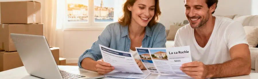 Demenagement La Rochelle Comparaison Offres Couple comparant plusieurs offres de déménagement dans leur salon à La Rochelle.
