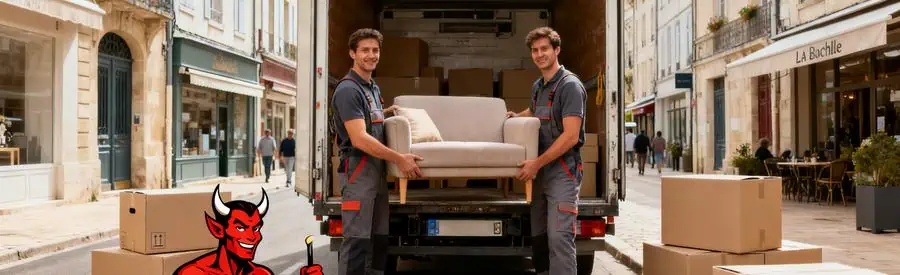 Demenagement La Rochelle Equipe Chargement Équipe de déménageurs professionnels chargeant des cartons dans un camion à La Rochelle.