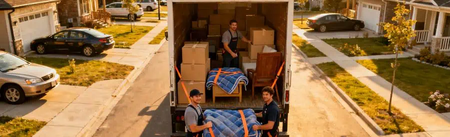 Demenagement Laval Professionnels Déménageurs professionnels à Laval chargent des meubles et cartons dans un camion, illustrant divers types de déménagement.