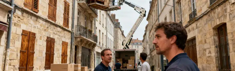 Personnes préparant un déménagement rue étroite à Limoges, avec monte-meubles pour cartons.