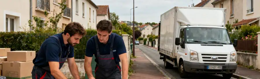 Déménageurs planifiant la logistique d'un déménagement à Livry-Gargan dans un quartier pavillonnaire.