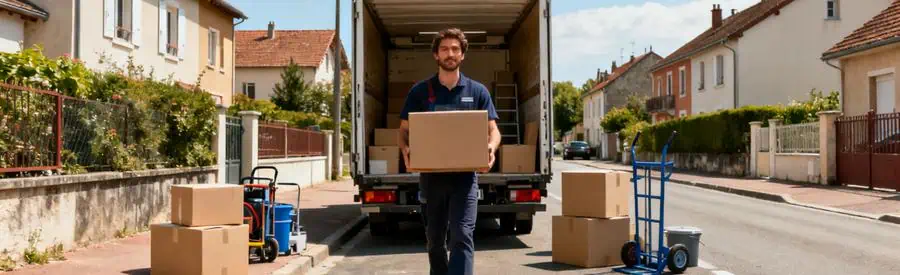 Déménageur portant un carton sur une rue résidentielle à Bourg-en-Bresse, en pleine action de déménagement.