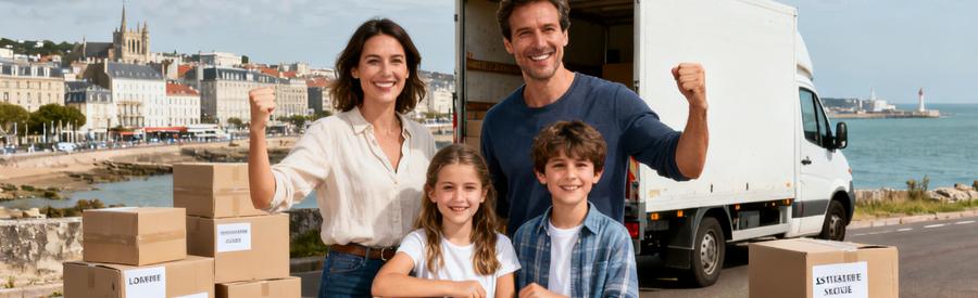 Demenagement Loire Atlantique Famille Changement Famille enthousiaste préparant un déménagement dans la Loire-Atlantique, avec un camion et des cartons.