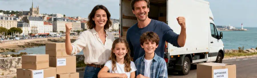 Famille enthousiaste préparant un déménagement dans la Loire-Atlantique, avec un camion et des cartons.