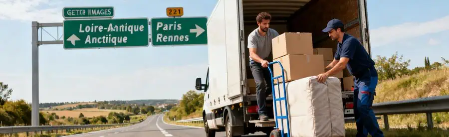 Déménageurs au travail, chargement camion, évoquant trajet Loire-Atlantique vers Paris et Rennes.