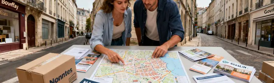 Couple examinant une carte et des brochures pour planifier leur déménagement à Nantes, avec vue sur le contexte urbain.