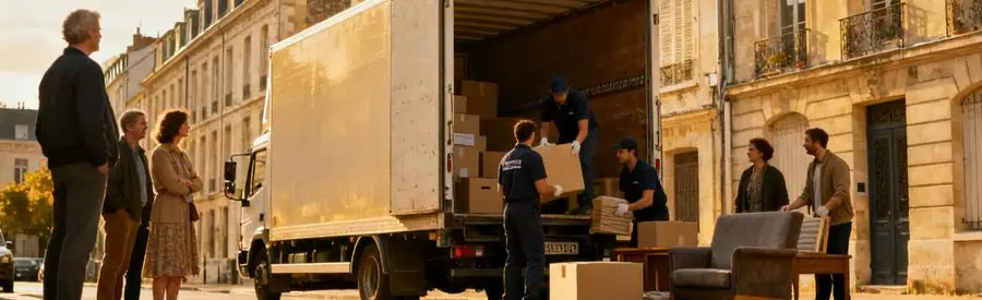 Camion de déménagement à Orléans, déménageurs chargeant des cartons dans un cadre urbain.