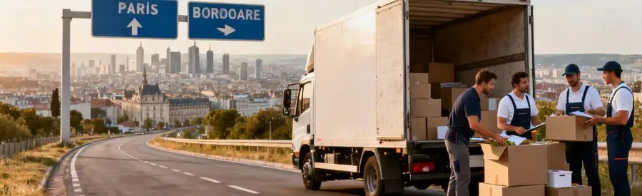 Déménageurs organisant des cartons près d'un camion en route vers une grande ville, représentant un déménagement longue distance depuis l'Indre-et-Loire.