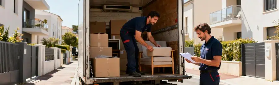 Déménagement à Lorient avec déménageurs chargent un camion et discutent avec un client.