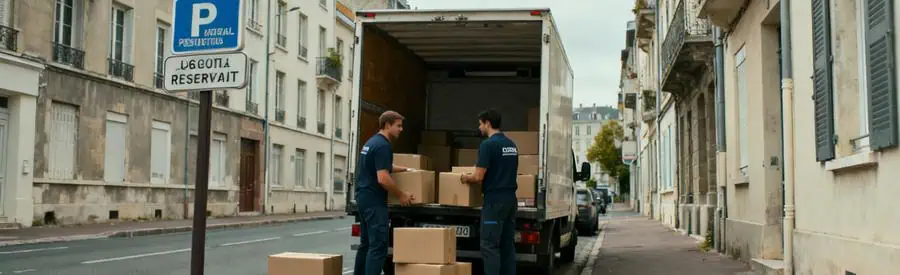 Déménageurs chargeant des cartons dans un camion à Lorient, avec un panneau de stationnement visible.