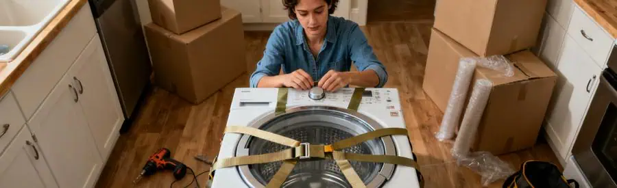 Demenagement Machine A Laver Erreurs Personne préparant une machine à laver pour le déménagement, montrant l'importance de la protection de l'appareil.