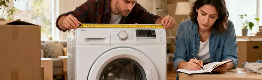 Demenagement Machine A Laver Preparations Personnes mesurant une machine à laver avant le déménagement, vérifiant les dimensions avec un mètre.