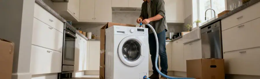 Deménagement Machine A Laver Rebranchement Personne rebranchant un lave-linge dans une cuisine après un déménagement, avec tuyaux et vis de transport retirées.