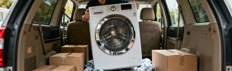 Demenagement Machine A Laver Transport Suv Personne chargeant une machine à laver dans le coffre d'un SUV pour le déménagement.