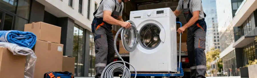 Demenagement Machine A Laver Transport Déménageurs préparant le transport d'un lave-linge, câbles enroulés et équipements de protection autour.