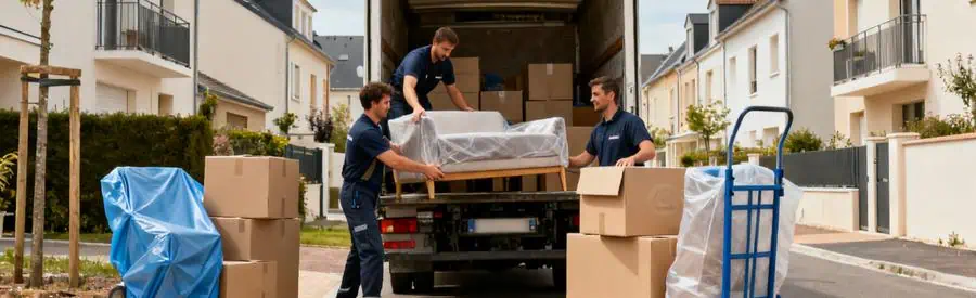 Déménageurs professionnels à Angers, chargement de cartons et meubles dans un camion, représentant le Maine-et-Loire.