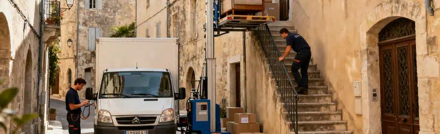 Déménageurs à Manosque adaptant leur logistique avec un camion et monte-meuble pour rues étroites.