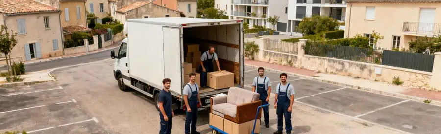 Déménageurs professionnels chargeant des cartons dans un camion à Manosque, avec maisons provençales en arrière-plan.