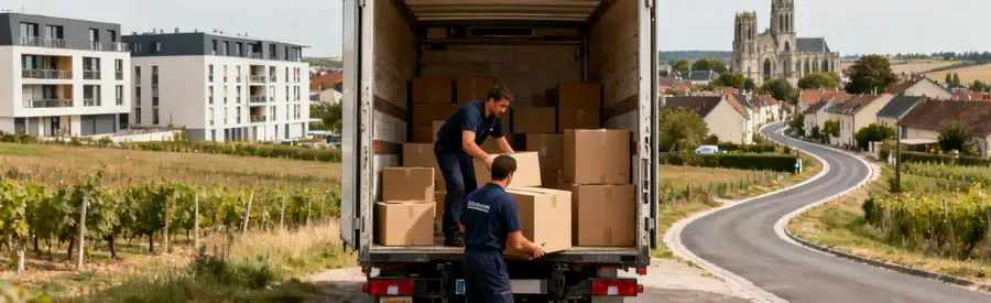 Déménageurs chargeant des cartons dans un camion, illustrant le défi du déménagement dans la Marne.