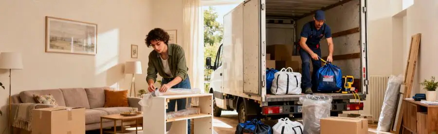 Personne emballant des cartons dans un salon pendant que le déménageur charge un camion, option économique en Marne.