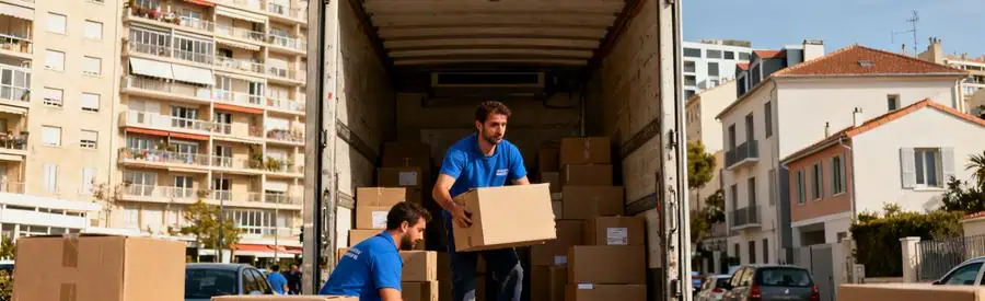 Déménageurs professionnels chargent des cartons dans un camion à Marseille 10ème, illustrant l'activité soutenue du quartier.