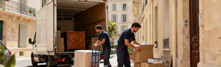 Déménageurs professionnels à Marseille 10ème chargent meubles et cartons, montrant l'organisation et les services variés disponibles.