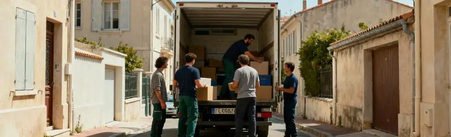 Déménageurs chargent un camion dans une rue étroite du 12ème arrondissement de Marseille, illustrant les défis du déménagement local.
