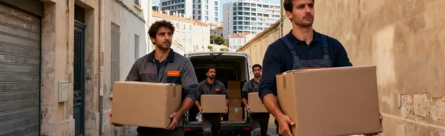 Déménageurs professionnels naviguant dans des ruelles étroites à Saint-Barnabé, Marseille, avec des cartons.