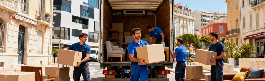 Demenagement Marseille 13e Equipe Chargement Déménageurs travaillant à charger un camion dans le 13e arrondissement de Marseille, montrant la diversité architecturale.