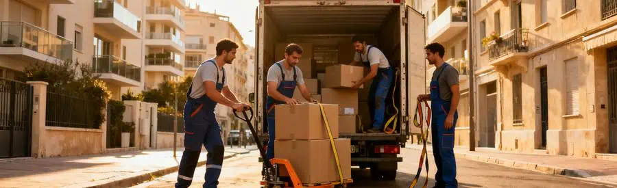 Demenagement Marseille 15eme Chargement Camion Déménageurs professionnels chargeant des cartons dans un camion, Marseille 15ème, ambiance dynamique.