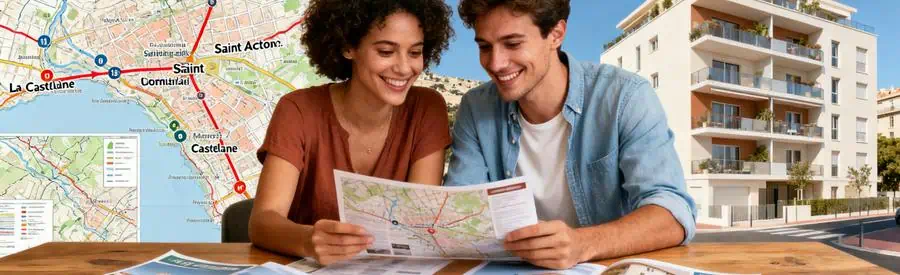 Demenagement Marseille 15eme Comparaison Couple examinant des brochures et plans immobiliers à Marseille 15ème, ambiance conviviale pour comparer options.
