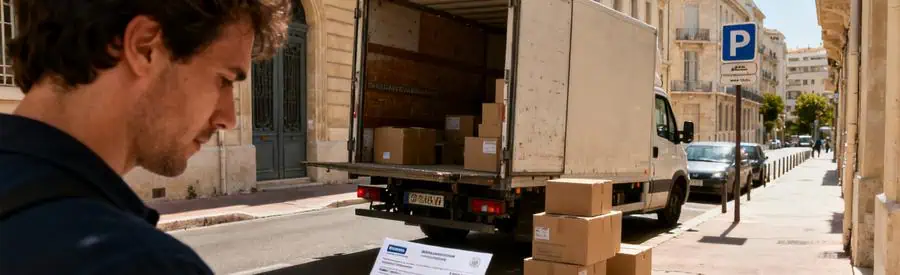 Demenagement Marseille 16e Stationnement Camion de déménagement dans le 16e arrondissement de Marseille avec une personne vérifiant un document de stationnement.