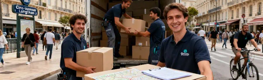 Demenagement Marseille 4e Arrondissement Déménageurs professionnels chargent des cartons dans un camion à Marseille 4e, avec station de métro en arrière-plan.