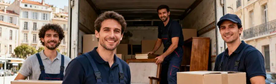 Demenagement Marseille 5e Equipe Chargement Déménageurs chargent des meubles et cartons dans un camion à Marseille 5e, illustrant leurs prestations variées.