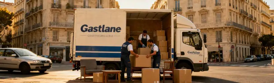 Demenagement Marseille 6e Castellane Déménageurs chargeant un camion au carrefour Castellane à Marseille, ambiance matinale.