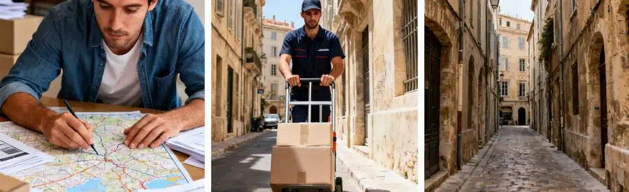 Personnes et rues illustrant les contraintes de déménagement dans les arrondissements de Marseille.