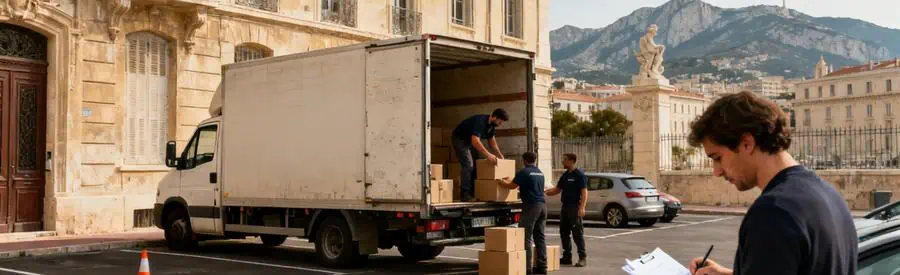 Camion de déménagement chargé à Marseille, avec contraintes de stationnement.