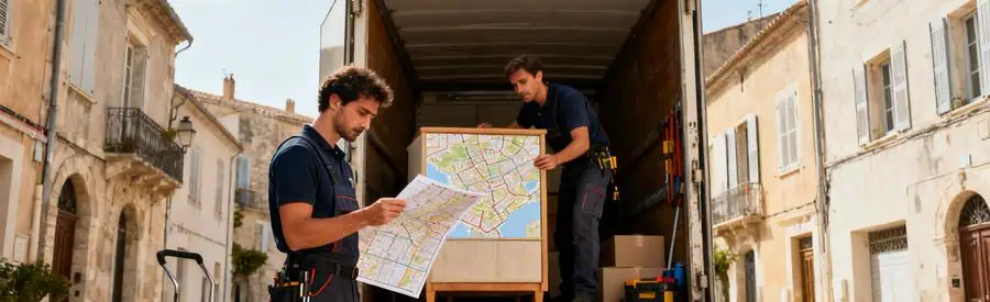 Demenagement Martigues Monte Meuble Déménageurs préparant un monte-meuble dans un quartier historique de Martigues, montrant l'accessibilité et l'organisation.