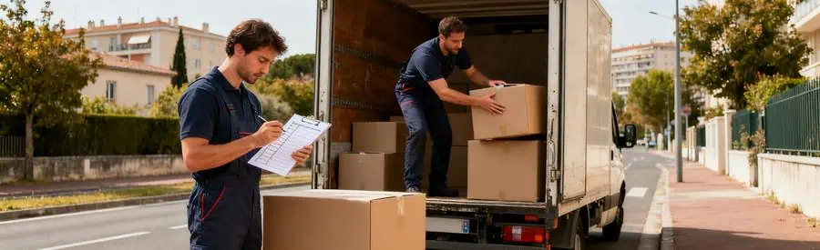 Demenagement Merignac Chargement Camion Déménageurs professionnels chargeant des cartons dans un camion dans une rue de Mérignac.