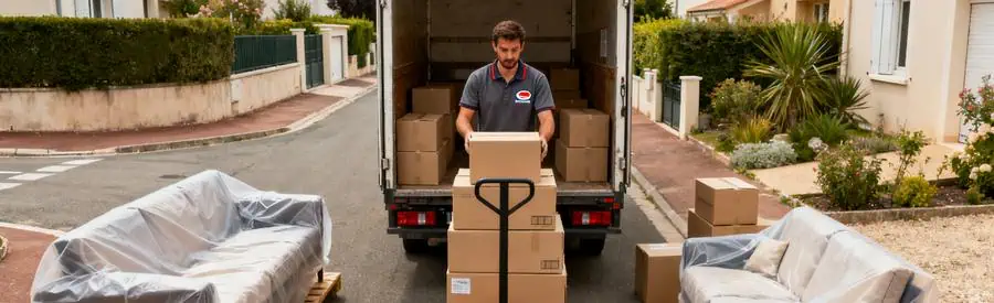 Demenagement Merignac Organisation Déménageur professionnel chargeant un camion dans un quartier résidentiel de Mérignac.