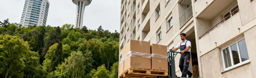 Déménageur utilisant un monte-meuble pour transporter des cartons depuis un immeuble à Meudon.