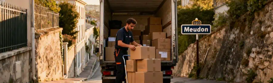Déménageur professionnel chargeant des cartons dans un camion sur une rue pentue à Bellevue, Meudon, illustrant la logistique difficile.