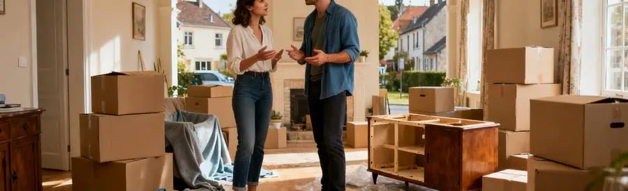 Couple organisant leur déménagement dans une maison spacieuse en Meuse, entouré de cartons et meubles démontés.