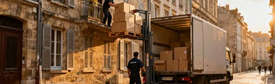Déménageur utilisant un monte-meuble pour un déménagement dans une rue étroite de Belfort.
